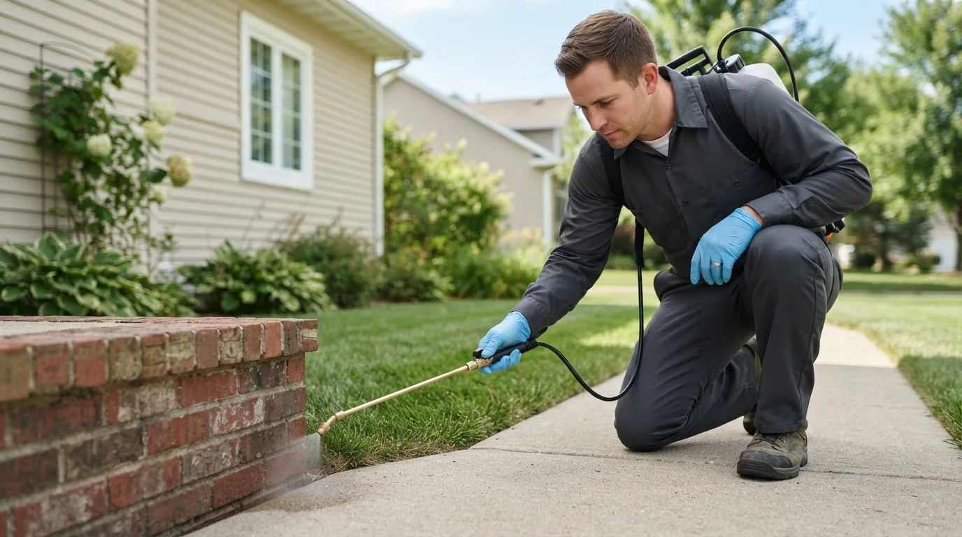 Pest control technician treating a home near Arvin, CA